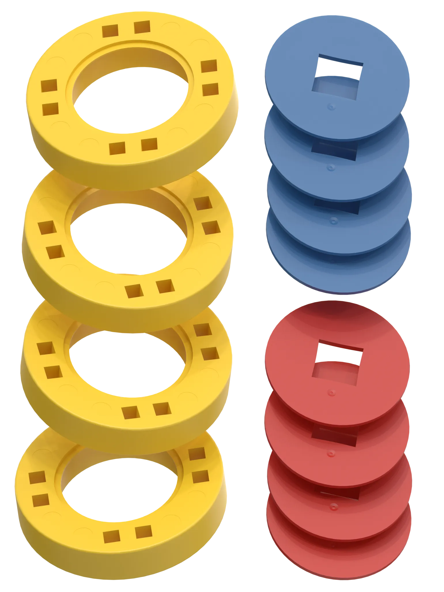 BIG Hjul – 4 Gula hjul med 4 blå och 4 röda navkapslar
